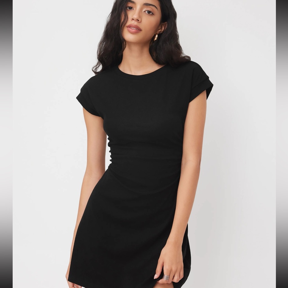 COTTON-BLEND ROUND NECKLINE RUCHED MINI DRESS MEDIUM CIDER - Picture 5 of 6